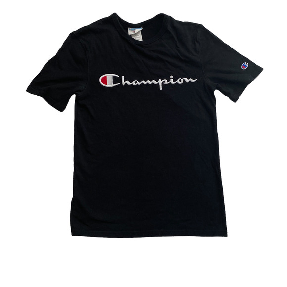 Champion Men's Size Small Black Short Sleeve Crew Neck Cotton Logo Casual Shirt - Picture 6 of 6